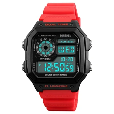 Imagen de TONSHEN Fashion Outdoor Digital Deportivo Reloj Impermeable 50M Resistente al Agua LED Electrónica Doble Tiempo Militar Tácticas Plastico Caja y Goma Correa Relojes de Pulsera (Rojo)