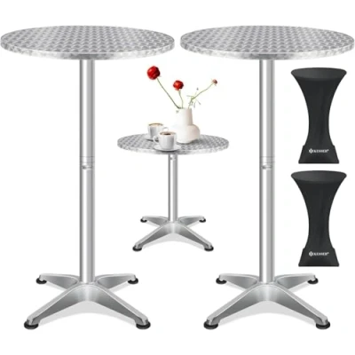 Imagen de KESSER® Juego de 2 mesas altas en 1, placa aluminio y acero inoxidable, altura regulable 70 cm/115 cm, mesa fiesta 60 cm diámetro, para interior exterior, color plateado