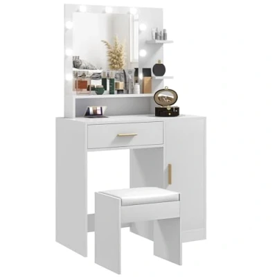 Imagen de HOMCOM Tocador de Maquillaje con Taburete Mesa Espejo LED Cajones Estante Ajustable y Estantes Abiertos para Dormitorio Sala Estar Blanco