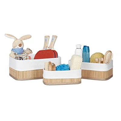 Imagen de Relaxdays, Marrón Claro Cajas de almacenaje, Set Tres, Funda Textil, Rectangular, Accesorio, Baúles, Bambú, Poliéster, 20 x 30 13 cm