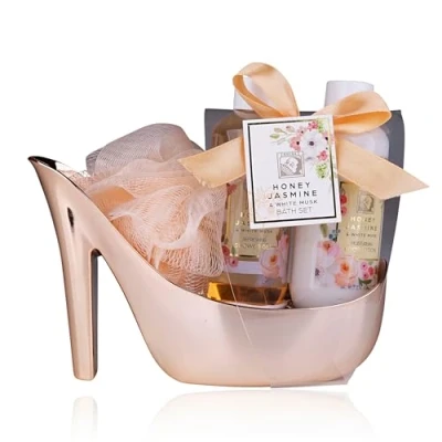 Imagen de Accentra Set de ducha HONEY JASMINE para mujer en preciosa bomba cuidado 3 piezas con gel y loción corporal regalo bienestar cumpleaños, San Valentín, etc.