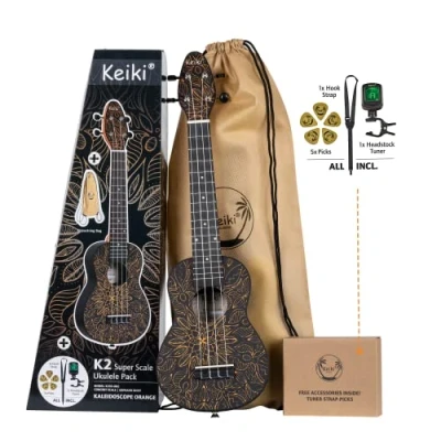 Imagen de Ortega Guitars Ukelele Soprano naranja Keiki K2 Kit de inicio incluye afinador, correa, 5 púas medianas y bolsa dibujo caleidoscopio (K2SS OKC)