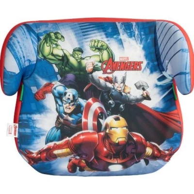 Imagen de Marvel Avengers Asiento Elevador para Auto i Size ECE R129. Alzador Coche la seguridad de los niños con una altura 125 a 150 cm. gráficos Avengers, fondo azul.