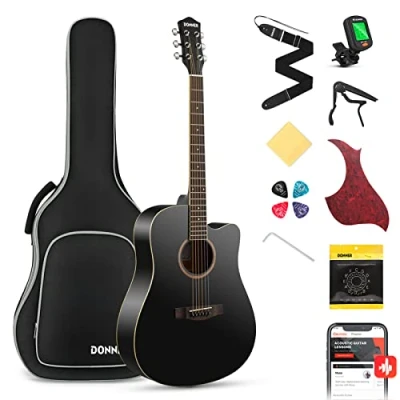 Imagen de Donner Guitarra Acústica de Adulto Cutaway 4/4 Kit Dreadnought 41 Pulgadas Principiante con Cuerde Afinador Cejilla Negra