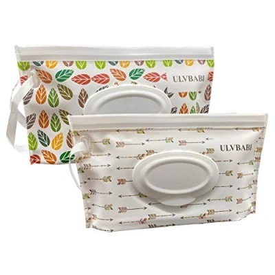 Imagen de ULVBABI Dispensador portátil de toallitas húmedas (2 unidades), bolsas reutilizables para desechar pañales bebé, rellenables viajes personales, mantiene las (patrón hojas