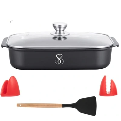Imagen de Bandeja de horno antiadherente gas e inducción plato para asar asadera profesional lasagnera gourmet con tapa cristal aluminio super anti adherente acero y piedra (34CM)