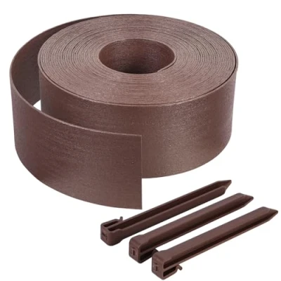 Imagen de VOUNOT Borde Jardín Césped Borde, Bordillo Escondido Flexible de PE Aspecto Natural, Longitud 20 m Altura 13 cm Espesor 4 mm con 12 Estacas Anclaje, Marrón