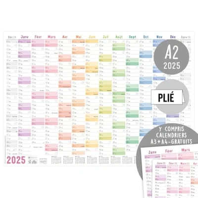 Imagen de Häfft® calendario de pared 2025 A2 en francés &quot;Rainbow&quot; (59,4 x 42 cm) plegado, planificador con días festivos franceses + extra A3 y A4 sostenible respetuoso el medio