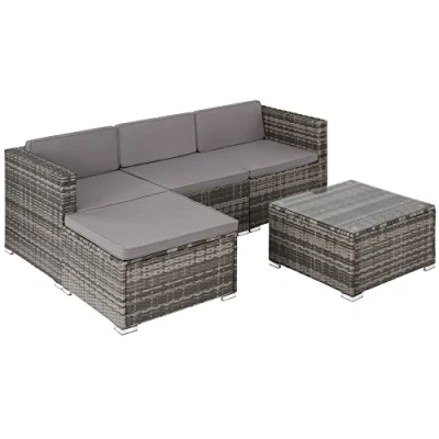Imagen de TecTake® Conjunto Jardín en Ratán con Cojines, Terraza Resistente a la Intemperie, Muebles Exterior 1 Banco de 2 Plazas, Tablero Cristal, Fundas Extraíbles, Fácil Limpieza Gris
