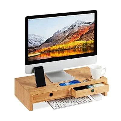 Imagen de Relaxdays Soporte Monitor, Elevador con 2 Cajones para Escritorio, de Bambú, Oficina, 12 x 56 27 cm, Marrón Natural