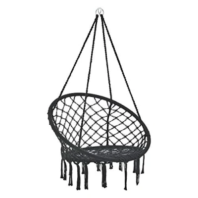 Imagen de casa.pro Hamaca Silla Colgante hasta 100 kg Columpio con Borlas Ornamentales 140 x Ø 60 cm Algodón + Acero Negro