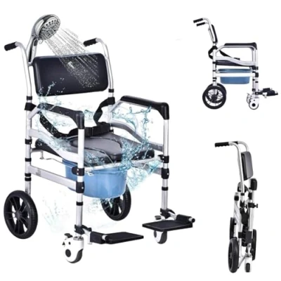 Imagen de FUMBJFKT silla de inodoro ajustable en altura, con ruedas, taburete ducha móvil plegable, asiento ergonómico para ancianos y discapacitados