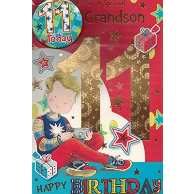 Imagen de Tarjeta de cumpleaños para nieto 11 años con insignia, 22,8 x 15,2 cm, postal 1ª clase, AE6***