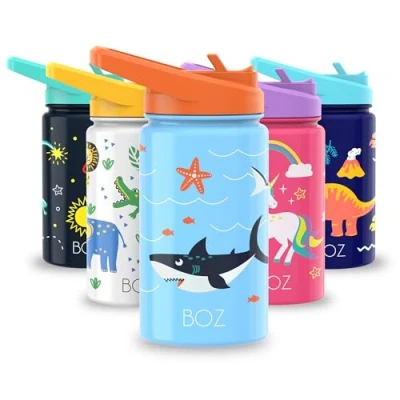 Imagen de BOZ Botella Agua Niños con Pajita Acero Inoxidable 414 ml, Térmica Aislamiento Doble Pared Sin BPA, Isotérmica Antiderrame Asa Apta para el Lavavajillas (Tiburones)