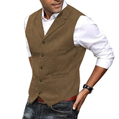 Imagen de HSLS Chaleco para hombre de traje tweed lana suave informal espiga padrino boda Mejor hombre(L, marrón)