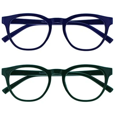 Imagen de OPULIZE Blu Gafas con Bloqueo de Luz Azul Pack 2 Montura Redonda Verde Oscuro Bisagras Muelle Mejoran el Sueño Ordenador Gaming Antirreflejante Hombre Mujer BB5 36 +0.00