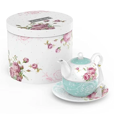 Imagen de London Boutique juego de té para una tetera y platillos taza té, la tarde 1 nuevo hueso porcelana vintage, regalo flora mujer, 350 m (turquesa)