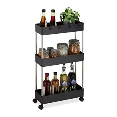 Imagen de Relaxdays estantes Estantería con Ruedas, 3 Baldas, 70 x 15,5 40,5 cm, Carrito Estrecho para Baño y Cocina, 4 Ganchos, Negro, Acero Inoxidable