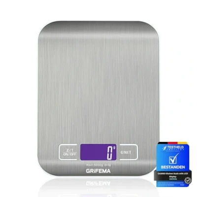 Imagen de GRIFEMA GA2002, Báscula de Cocina con Pantalla LCD, Acero Inoxidable, Balanza Alimentos Multifuncional 5 kg/11 lbs, Azul [Exclusivo en Amazon]