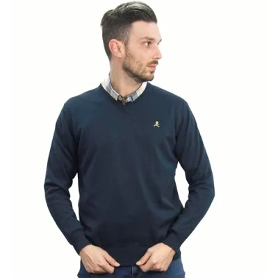Imagen de Jersey de Hombre Cuello Pico Algodon Manga Larga Marca Modelo Basico para Vestir Punto Fino (AZULON, XXL)