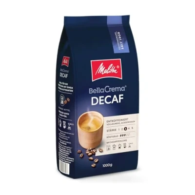 Imagen de Melitta BellaCrema granos de café descafeinados enteros 1 kg, sin molido, para cafetera automática, cafeína, tostados suaves, en Alemania, fuerza 3