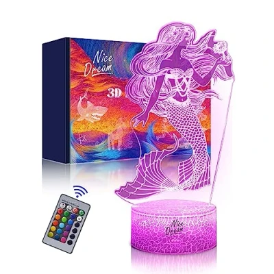 Imagen de Nice Dream Luz Nocturna Para Niños, Lámpara De Ilusión 3d, Led La Habitación, Mando a Distancia Con 16 Cambios Color Regulables, Regalos Decoración (08 sirena)