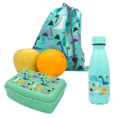 Imagen de NERTHUS FIH 1034 SET Botella Doble Pared Acero Inox + Lunchbox Mochila Dinosaurios