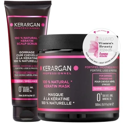 Imagen de Kerargan Dúo Mascarilla y Exfoliante Capilar con Queratina para Cabello Dañado Estresado Nutre, Exfolia Protege Sin Sulfatos, OGM, Aceite Mineral 500ml + 250ml