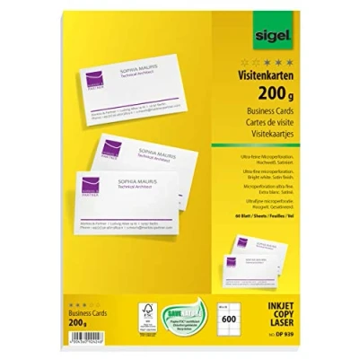 Imagen de Sigel DP939 600 Tarjetas de visita precortadas, imprimible, 85 x 55 mm, 200 g / m², blanco