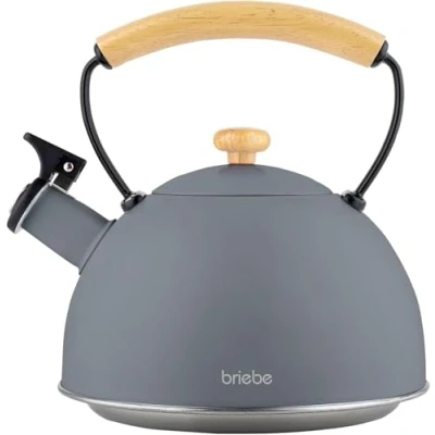 Imagen de briebe Nordic Tetera Inducción Silbante 2,3L, Infusiones, Hervidor de Agua Acero Inoxidable, Todo Tipo Cocinas, Vitrocerámica, Gas, Mango Madera Tacto Frío, Tea Pot, Gris