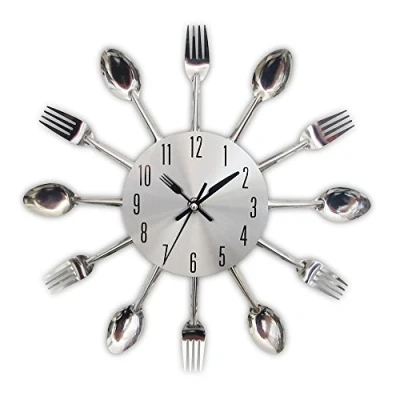 Imagen de Reloj de cocina efecto espejo con diseño cuchara, tenedor, cubertería, adhesivo extraible en 3D para decoración del hogar