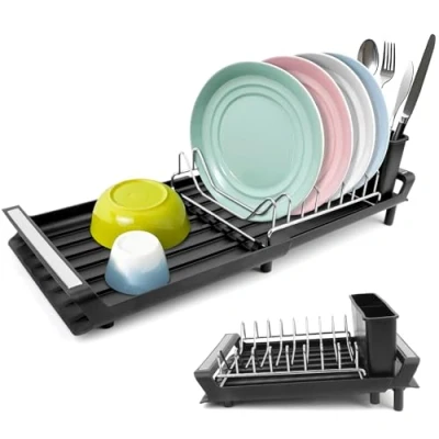Imagen de Escurreplatos sobre Fregadero Escurridor de Platos para Escurre Plegable Negro Soporte Cubiertos con Sistema Drenaje Acero Inoxidable