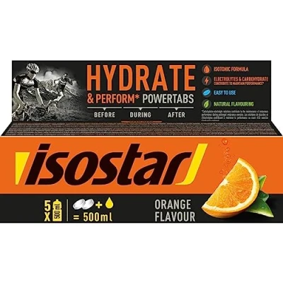 Imagen de Isostar SABOR NARANJA Hydrate &amp; Perform Powertabs, Fórmula Isotónica, Preparado para Bebida de Aporte Glúcidos y Electrolitos, Resistencia en Entrenamientos Prolongados, 120g (10x12g)