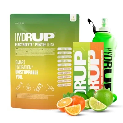 Imagen de Hydrup Electrolitos Sin Azucar en Polvo, con Botella Plegable Deportiva, Kit de 1733 mg Naranja Mandarina y Lima Limón Hidratacion, 6 Unidades (Mix)