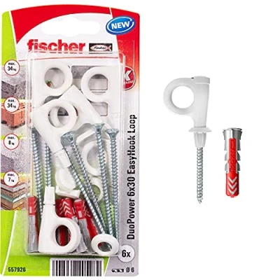 Imagen de fischer EasyHook Loop K (6), Juego de 6 tornillos y tacos DuoPower x 30, con gancho para tablero aglomerado instalar fácilmente en numerosos materiales construcción