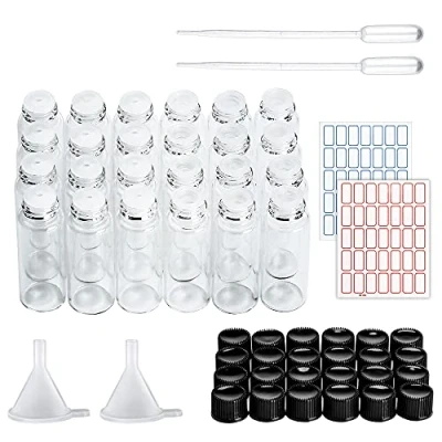 Imagen de LUCKNIGHT 24 frascos de vidrio muestra pequeños 5 ml, botella vacía con reductor orificios, botellas transparente, pequeños, aceite esencial transparente