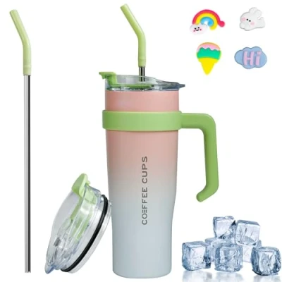 Imagen de Euakee 40oz Taza Termica, 1200mL de Café con Tapa para Coche, Termo Acero Inoxidable, Viaje Antifugas y Cepillo Pajita Sin BPA Regalos Mujer Hombre (Color Degradado)