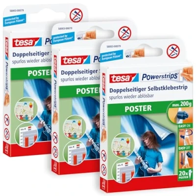 Imagen de tesa 58003 Lote de 3 tiras adhesivas doble cara para pósteres y carteles, autoadhesivos reutilizables, 200 g, 60 Powerstrips, color blanco