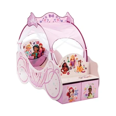 Imagen de Disney Princess Cama para niñas pequeñas estilo carruaje: construcción robusta, madera manufacturada, laterales protegidos, listones de madera, colchones 140 x 70 cm (colchón no incluido)