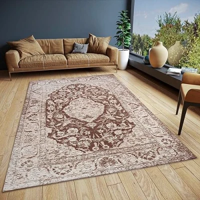 Imagen de Hanse Home Mahat Alfombra Oriental clásica Tejida con Cenefa de Aspecto Vintage, Tejido Plano Ligeramente Brillante para Dormitorio, Comedor, salón, Pasillo, marrón, 120 x 180 cm