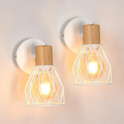 Imagen de Comely Lámpara de pared jaula blanca cómoda en madera y metal Set 2, 14,5x12x18cm, E27, Country Design, Sin iluminación