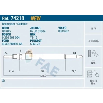 Imagen de FAE 74218 Bujía de precalentamiento 11V M8x1 VOLVO: S60 I, XC90 XC70 I Cross Country, LAND ROVER: Range Rover Sport, 3, Discovery 3