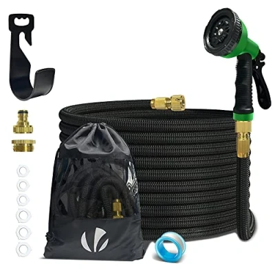 Imagen de VOUNOT Manguera Extensible 15m, Flexible Jardín con Pistola Rociadora de 10 Funciones, Conectores Latón 1/2 y 3/4 Pulgadas Bolsa Almacenamiento, Negro