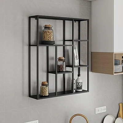 Imagen de [en.casa] Estantería de Pared Estante Mural con 6 Compartimentos Abiertos Mueble Salón Cocina Pasillo Acero Duradero 90 x 75 18 cm Negro Mate
