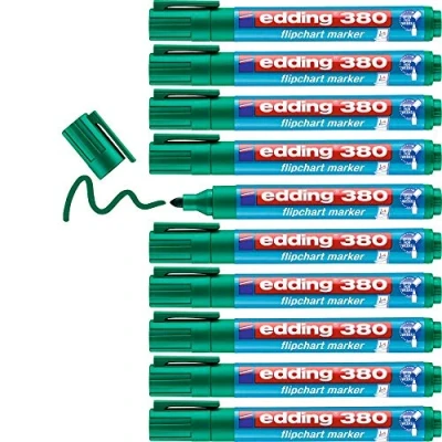 Imagen de edding 380 marcador para flipcharts verde 10 rotuladores punta redonda de 1,5 3 mm rotulador escribir, dibujar y marcar sobre papel recargable, no traspasa, mancha, impermeable