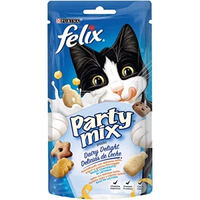 Imagen de Purina Felix Party Mix Dairy Delight, Snack, premio para Gato con Leche, Yogurt y Queso, 8 bolsas de 60g