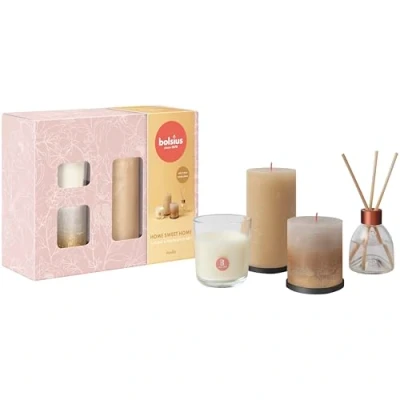 Imagen de Bolsius Velas rústicas con difusor de varillas y vela perfumada Juego 4 unidades Home Sweet Vainilla decorativas para el hogar Largo tiempo combustión Incluye cera vegana