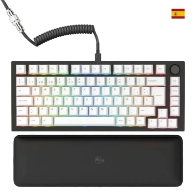 Imagen de Glorious gaming GMMK PRO 75% Teclado mecánico modular, TKL, carcasa de 1,5 kg, personalizable, cable espiral, reposamuñecas, keycaps blancas, RGB, distribuciones QWERTY español Negro