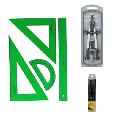 Imagen de Faber Castell Tecnico Pack Escolar Escuadra Cartabón Regla Semicírculo Color Verde Compas Articulado de Ajuste Rapido Adaptador Universal 17 cem. + Accesorios 32722 8