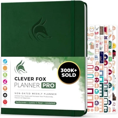 Imagen de Clever Fox Planificador PRO Organizador Personal de Vida Semanal y Mensual para Mejorar la Productividad, Gestión del Tiempo Alcanzar Tus Metas A4, Sin fechas 1 Año Bosque Verde